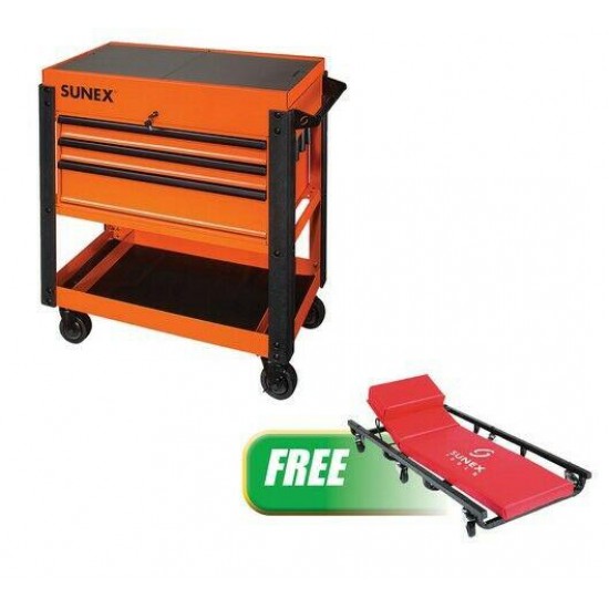 3 Drawer Slide Top Utility Cart w/ Power Strip, Orange w/FREE 6 Caster Creeper