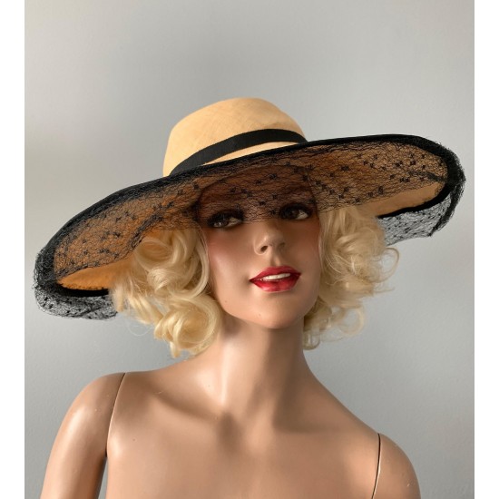 Forman's 40s wide brim natural, woven, straw, hat with lace netting trim, cartwheel hat