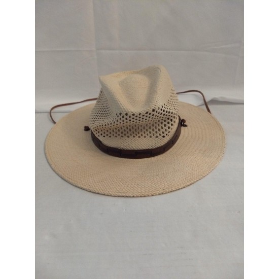 Stetson Panama Woven Straw Safari Hat Natural Color With Leather Trim And Leather n Cord Size Large Made In Mexico