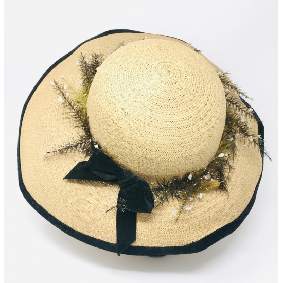 Vintage Straw Hat, Edwardian Country, Black Velvet Trim, licate Floral, Marshall Field's, 1920s