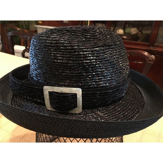 YSL | Vintage Yves Saint Laur Dark Navy Straw Hat | White Buckle | Label | Like Bretton Style